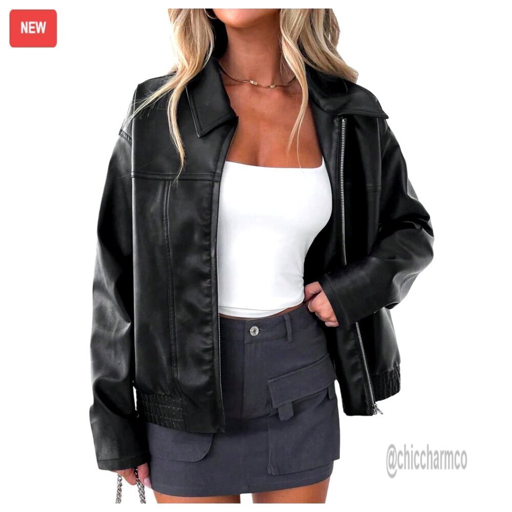Faux Leather Motorcycle Jacket Zip Front Streetwear Chic Outerwear Long Sleeve